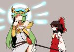  2girls ascot bare_shoulders belt black_eyes bow bracer brown_belt brown_hair closed_mouth commentary contrapposto crossover detached_sleeves doodlerush dress english_commentary gohei green_eyes green_hair grey_background hair_bow hair_tubes hakurei_reimu half-closed_eye halo height_difference holding jitome kid_icarus laurel_crown long_hair long_sleeves medium_hair multiple_girls palutena red_bow red_skirt red_vest simple_background skirt standing strapless strapless_dress super_smash_bros. thinking touhou vest white_dress yellow_neckwear 