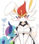  anthro big_breasts blue_body blush bow_tie breasts cinderace clothed clothing drizzile duo female fur hi_res lagomorph larger_female maid_uniform male mammal narrowed_eyes nintendo pok&eacute;mon pok&eacute;mon_(species) prrrrrrmine red_eyes reptile scalie simple_background size_difference tailwag text uniform video_games white_background white_body white_fur 