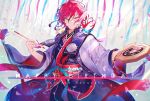  1boy animal_on_shoulder bird bird_on_shoulder birthday blue_kimono character_name commentary dated english_text ensemble_stars! haori highres holding holding_brush japanese_clothes kimono layered_clothing layered_kimono looking_at_viewer male_focus multicolored_hair o-ishi obi obiage obijime red_hair sakasaki_natsume sash short_hair simple_background smile solo symbol_commentary tagme two-tone_hair upper_body watermark white_background white_hair yellow_eyes 