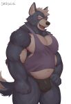  anthro black_clothing black_underwear bulge canid canine canis clothed clothing eye_scar facial_scar fangs fur grey_body grey_fur hi_res looking_at_viewer male mammal muscular muscular_anthro muscular_male nintendo open_mouth pecs scar shirt shugggie simple_background solo star_fox tank_top topwear underwear video_games white_background white_body white_fur wolf wolf_o&#039;donnell 