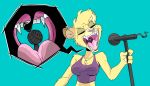  2018 anthro clothing crop_top ear_piercing eyes_closed facial_piercing fangs felid female gaping_mouth inside_mouth jewelry lion mammal microphone mouth_shot necklace nose_piercing nose_ring open_mouth pantherine piercing rookiex shirt simple_background singing solo teal_background topwear uvula 