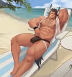  1boy abs absurdres animal_ears arknights bara bare_pecs beach black_male_underwear brown_hair bulge cow_boy cow_ears cow_horns facial_hair highres horns jockstrap lying male_focus male_swimwear male_underwear matterhorn_(arknights) matterhorn_(beach_guard)_(arknights) medium_hair muscular muscular_male navel nipples on_back open_clothes open_shirt pectorals see-through shirt sleeveless sleeveless_shirt solo stomach stubble swimwear thick_thighs thighs underwear white_shirt xianyusamuel 