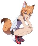  1girl ahoge animal_ear_fluff animal_ears bangs bare_arms bare_shoulders black_shorts brown_hair closed_mouth eyebrows_visible_through_hair fox_ears fox_girl fox_tail full_body hair_between_eyes hair_ornament hairclip highres long_hair looking_at_viewer minowa_sukyaru original red_eyes red_footwear shadow shirt shoes short_shorts shorts sleeveless sleeveless_shirt smile solo tail white_background white_shirt 