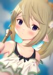  1girl bangs bare_shoulders bikini blue_sky blush brown_hair closed_mouth cloud cloudy_sky collarbone commentary_request day dutch_angle eyebrows_visible_through_hair flower flugelhorn granblue_fantasy hair_between_eyes hair_flower hair_ornament harvin highres holding holding_instrument instrument long_hair looking_at_viewer mimlememel outdoors pointy_ears ponytail purple_eyes sidelocks sky solo swimsuit uneg upper_body white_bikini white_flower 