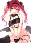  1girl bare_shoulders breasts clenched_teeth coin heterochromia highres hololive houshou_marine kirushi_(killcy) looking_at_viewer mouth_hold red_eyes red_hair simple_background sitting teeth thighhighs thighs twintails underboob virtual_youtuber white_background yellow_eyes 