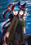  2girls :d absurdres bag bangs black_hair black_legwear black_sailor_collar black_shirt blue_hair blunt_bangs boo_iro breasts brown_jacket closed_mouth double_bun eyebrows_visible_through_hair fate/grand_order fate_(series) fish green_shirt hair_ornament hair_ribbon handbag highres holding_hands huge_filesize indoors jacket large_breasts long_hair looking_at_another multicolored_hair multiple_girls murasaki_shikibu_(fate) official_art open_mouth pantyhose plaid plaid_skirt pointing purple_eyes red_hair ribbon sailor_collar sei_shounagon_(fate) shirt skirt smile twintails very_long_hair white_jacket yellow_eyes yuri 