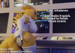 3d_(artwork) anthro anus armwear bacn bent_over big_breasts black_sclera blush breasts butt canid canine clothed clothing detailed_background dialogue digimon digimon_(species) digital_media_(artwork) english_text female fox fur genitals legwear looking_at_viewer looking_back mammal presenting presenting_anus presenting_hindquarters presenting_pussy pussy renamon rubber solo text tuft url white_body white_fur yellow_body 