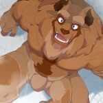  1:1 alternate_version_at_source anthro balls beast_(disney) beauty_and_the_beast blue_eyes brown_balls brown_penis disney flaccid genitals hi_res high-angle_view horn looking_at_viewer male monster muscular muscular_male nude open_mouth open_smile orangetaming partially_submerged pecs penis sitting smile solo teeth water 