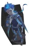  1boy beads blue_hair bodysuit_under_clothes bracelet braid braided_ponytail cape child clothing_cutout cu_chulainn_(fate)_(all) earrings fate/grand_order fate/grand_order_arcade fate_(series) floating_hair from_above frown full_body hair_beads hair_ornament highres holding holding_staff jewelry long_hair looking_at_viewer male_focus pants red_eyes ryuou_oohashi sandals setanta_(fate) skin_tight solo spiked_hair staff thigh_cutout 