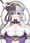  1girl absurdres artist_request azur_lane bare_shoulders blue_eyes blush breasts cleavage cleavage_cutout clothing_cutout detached_sleeves eyebrows_visible_through_hair framed_breasts highres large_breasts long_hair silver_hair solo ying_swei_(azur_lane) 