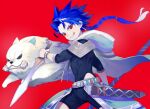  1boy angry animal belt blue_hair bodysuit_under_clothes bone bracelet braid braided_ponytail capelet child clothing_cutout cu_chulainn_(fate)_(all) dagger dog earrings fate/grand_order fate/grand_order_arcade fate_(series) floating_hair from_side fur grin highres holding holding_dagger holding_weapon hood hood_down hooded_capelet jewelry long_hair long_sleeves looking_at_viewer male_focus puppy red_background red_eyes scabbard setanta_(fate) sheath simple_background skin_tight slit_pupils smile spiked_hair tetsu_(teppei) thigh_cutout weapon 