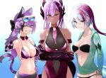  3girls adjusting_eyewear animal_ears bare_shoulders blush breasts cat_ears cat_girl cat_paws cat_tail cheshire_cat_(monster_girl_encyclopedia) claws cleavage closed_mouth collarbone commentary_request crossed_arms dark_skin dark_skinned_female dragon_girl extra_tongue eyes_visible_through_hair eyewear_on_head grin hair_between_eyes half-closed_eyes hand_on_hip highres jabberwock_(monster_girl_encyclopedia) jacket large_breasts long_hair long_sleeves looking_at_viewer mad_hatter_(monster_girl_encyclopedia) monster_girl monster_girl_encyclopedia multicolored_hair multiple_girls o-ring o-ring_bikini o-ring_top one-piece_swimsuit open_mouth paws pink_hair purple_fur purple_hair saliva sideboob smile standing swimsuit tail tongue two-tone_hair white_hair yellow_eyes yositsune 