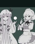  2girls apron blue_eyes bow collar dark_background expressionless eyebrows_visible_through_hair floating green_background hair_bow hair_ribbon hat hat_ribbon highres holding holding_knife izayoi_sakuya knife knives_between_fingers long_hair maid maid_apron maid_headdress mob_cap multiple_girls neck_ribbon orb patchouli_knowledge purple_eyes ribbon short_sleeves spot_color striped_clothes touhou v wide_sleeves wrist_cuffs yukihiko_(sky_sleep) 