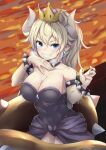  1girl bangs bare_shoulders black_dress blonde_hair blue_eyes bowsette bracelet breasts choker claw_pose cleavage collarbone covered_navel crown dress earrings fingernails grin highres horns jewelry kotohane large_breasts mario_(series) molten_rock new_super_mario_bros._u_deluxe pointy_ears ponytail sharp_fingernails sharp_teeth sleeveless smile spiked_bracelet spiked_choker spikes strapless strapless_dress sweat sweatdrop teeth 
