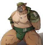  1boy abs alternate_costume animal_ears bara bare_pecs blush bound bound_wrists brown_fur bulge camouflage camouflage_jacket dog_tags drooling fox_boy fox_ears frown green_eyes green_headwear hat highres jacket kneeling looking_up m_ikky male_focus muscular muscular_male navel nipples official_art open_clothes open_jacket peaked_cap pectorals scar scar_on_cheek scar_on_chest scar_on_face short_hair single_bare_shoulder solo stomach sumo tearing_up thick_eyebrows thick_thighs thighs tokyo_houkago_summoners yasuyori_(tokyo_houkago_summoners) 