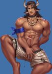 1boy abs absurdres animal_ears arknights bandana bar_censor bara bare_pecs brown_hair censored collar cow_boy cow_ears cow_horns dark_skin dark_skinned_male earrings erection facial_hair foot_out_of_frame godongyudidi highres horns jewelry male_focus male_swimwear matterhorn_(arknights) matterhorn_(beach_guard)_(arknights) medium_hair muscular muscular_male navel nipples pectorals penis pulled_by_self shorts shorts_pull solo stomach stubble swim_trunks swimwear tooth_necklace undressing veins veiny_penis white_shorts 