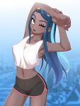  1girl alternate_costume bare_arms blush breasts collarbone commentary covered_nipples dark_skin dark_skinned_female eyelashes gym_leader hand_on_own_wrist highres long_hair looking_at_viewer multicolored_hair navel nessa_(pokemon) nutkingcall one_eye_closed open_mouth pokemon pokemon_(game) pokemon_swsh solo stretch sweat teeth tongue two-tone_hair 
