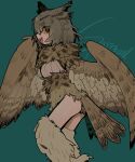  1girl artist_name brown_feathers feathered_wings feathers green_background harpy head_feathers highres monster_girl monster_girl_encyclopedia neck_ruff open_mouth owl_mage_(monster_girl_encyclopedia) simple_background solo sparrowl tail tail_feathers thighs winged_arms wings yellow_eyes 