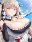  1girl absurdres aircraft airplane azur_lane bare_shoulders between_breasts black_dress black_nails black_ribbon bouhuuu breasts cleavage dress dutch_angle eyebrows_visible_through_hair formidable_(azur_lane) frilled_dress frills gothic_lolita hands_on_own_chest highres large_breasts lolita_fashion long_hair looking_at_viewer neckwear_between_breasts platinum_blonde_hair red_eyes ribbon solo twintails two-tone_dress two-tone_ribbon very_long_hair water white_neckwear white_ribbon 