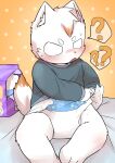  anthro bed bed_sheet bedding blush clean_diaper clothed clothing diaper diaper_change digital_media_(artwork) domestic_cat felid feline felis fur furniture hi_res male mammal satsuki_rabbit simple_background solo 