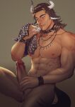  1boy abs absurdres animal_ears arknights bandana bara black_collar blush breath brown_hair clothes_sniffing collar completely_nude cow_boy cow_ears cow_horns cow_tail dark_skin dark_skinned_male earrings erection facial_hair feet_out_of_frame godongyudidi highres horns jewelry male_focus male_masturbation male_swimwear masturbation matterhorn_(arknights) matterhorn_(beach_guard)_(arknights) medium_hair muscular muscular_male navel nipples nude pectorals penis precum shorts smelling solo stomach stubble swim_trunks swimwear tail tooth_necklace uncensored undressing veins veiny_penis white_shorts 