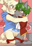  anthro blush bodily_fluids bound canid canine canis clothed clothing diaper digital_media_(artwork) duo embarrassed fur genital_fluids hair hi_res leaking_diaper leash legs_tied male male/male mammal satsuki_rabbit simple_background tears tied_together urine watersports wet_diaper wetting wolf 