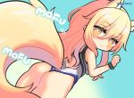  1girl animal_ear_fluff animal_ears arm_up ass blonde_hair blue_background blush casual_one-piece_swimsuit commentary_request fox_ears fox_tail from_behind long_hair looking_at_viewer looking_back marshmallow_mille one-piece_swimsuit original simple_background solo swimsuit tail thighs white_swimsuit yellow_eyes 