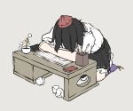  1girl black_hair black_ribbon black_skirt bunbunmaru calligraphy_brush coffee_cup collared_shirt crumpled_paper cup desk disposable_cup frilled_skirt frills hat highres kneeling necktie notebook paintbrush peroponesosu. ribbon shameimaru_aya shirt skirt solo tengu tokin_hat touhou white_shirt you&#039;re_doing_it_wrong 