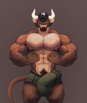  2020 5_fingers abs anthro balls balls_outline beard big_balls big_bulge big_muscles big_pecs big_penis black_nipples black_nose bodily_fluids body_hair bottomwear bovid bovine brown_body brown_fur brown_hair bulge cattle chest_hair clothed clothing ear_piercing ear_ring erection facial_hair facial_piercing fingers fur genital_fluids genital_outline genitals hair happy_trail hi_res horn howeed humanoid_hands licking licking_lips male mammal muscular muscular_anthro muscular_male mustache nipple_fetish nipple_piercing nipple_pinch nipple_play nipple_ring nipples nose_piercing nose_ring pecs penis penis_outline piercing pinch pink_tongue precum precum_through_clothing precume pubes shorts solo standing sweat tongue tongue_out topless veiny_muscles wet wet_clothing white_horn 