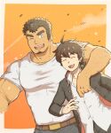  2boys arm_around_shoulder arm_hair bara brown_hair facial_hair gakuran highres kengo_(tokyo_houkago_summoners) male_focus master_4_(tokyo_houkago_summoners) multiple_boys muscular muscular_male one_eye_closed pectorals school_uniform shirt short_hair sideburns smile stubble thick_eyebrows tokyo_houkago_summoners upper_body white_shirt yanutorie 