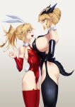  2girls alternate_costume animal_band_legwear animal_ears artoria_pendragon_(all) artoria_pendragon_(lancer_alter) ass asymmetrical_docking bangs bare_shoulders black_gloves black_neckwear blonde_hair blueorca braid breast_press breasts bunny_ears bunny_tail cat_band_legwear closed_mouth collarbone commentary cowboy_shot crown_braid detached_collar dragon_tail elbow_gloves expressionless face-to-face fake_animal_ears fake_tail fate/grand_order fate_(series) french_braid from_side gloves grey_background hair_between_eyes hand_on_hip hand_up height_difference highleg highleg_leotard highres horns huge_breasts large_breasts leotard long_hair looking_at_another looking_down mordred_(fate) mordred_(fate)_(all) multiple_girls necktie open_mouth playboy_bunny profile red_legwear red_leotard red_neckwear shiny shiny_clothes short_hair sidelocks skindentation small_breasts tail tearing_up thighhighs yellow_eyes 