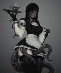  1girl apron bangs black_dress black_footwear black_gloves black_legwear boots breasts clipboard colored_skin cup dress eldritch_abomination extra_eyes extra_mouth faceless faceless_female gloves hair_ornament highres horror_(theme) horror_maid_(imp_(impractical)) imp_(impractical) long_hair maid medium_breasts original pale_skin phallic_symbol short_dress slime solo standing swept_bangs teacup tentacles thick_thighs thigh_boots thighhighs thighhighs_under_boots thighs tray trypophobia waist_apron white_skin x_hair_ornament zettai_ryouiki 