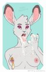  bodily_fluids breasts condom cum cum_on_face female feral fierygeheena genital_fluids hare hi_res lagomorph leporid makeup mammal nipple_piercing nipples piercing pink_eyes rabbit sexual_barrier_device solo tongue tongue_out white_body 