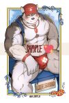  1boy abs alternate_costume animal_ears bara bare_pecs bare_shoulders blue_shirt blush border bulge chest_hair emoji fang feet_out_of_frame furry grey_fur grey_hair highres hood hooded_jacket horkeu_kamui_(tokyo_houkago_summoners) jacket lifeguard lifeguard_chair m_ikky male_focus male_swimwear muscular muscular_male navel nipples pectorals sample shirt short_hair silver_hair sleeveless sleeveless_jacket solo spread_legs stomach swim_briefs swimwear tail thick_thighs thighs tokyo_houkago_summoners two-tone_fur whistle whistle_around_neck white_fur wolf_boy wolf_ears wolf_tail yellow_eyes 