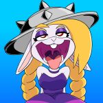  1:1 2019 anthro blonde_hair blue_background broodal clothing dress eyeshadow female gaping_mouth hair hariet_(mario) hat headgear headwear lagomorph leporid makeup mammal mario_bros nintendo open_mouth pigtails purple_eyeshadow rabbit red_eyes rookiex simple_background solo super_mario_odyssey tongue tongue_out uvula video_games 
