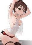  1girl absurdres armpits arms_behind_head arms_up atelier_(series) atelier_ryza bangs bare_shoulders blush breasts brown_eyes brown_hair camisole chocpocalypse cleavage collarbone highres large_breasts mouth_hold navel red_shorts reisalin_stout short_hair short_shorts shorts sweat thick_thighs thighs tying_hair white_camisole 