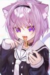  1girl :3 :d ahoge animal_collar animal_ear_fluff animal_ears bangs black_blouse black_collar blouse buttons cat_ears cat_girl cat_tail collar double-breasted eating fang food fork hair_between_eyes hairband highres holding holding_food holding_fork hololive long_sleeves looking_at_viewer neckerchief nekomata_okayu onigiri open_mouth purple_eyes purple_hair sailor_collar school_uniform serafuku short_hair simple_background skin_fang sleeve_cuffs smile solo tail tanuki_k virtual_youtuber white_background white_neckwear 