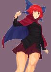  1girl bangs black_shirt blue_bow bow breasts cape clenched_hand cowboy_shot hair_bow highres kakone long_sleeves looking_at_viewer open_mouth pleated_skirt red_cape red_eyes red_hair red_ribbon red_skirt ribbon ribbon-trimmed_bow ribbon-trimmed_shirt sekibanki shirt short_hair simple_background skirt small_breasts solo standing touhou 