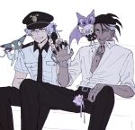  2boys alcremie alternate_costume bangs black_hair black_headwear black_nails black_neckwear black_pants blood claw_pose commentary_request cuffs dark_skin dark_skinned_male dreepy earrings facial_hair gastly gen_1_pokemon gen_6_pokemon gen_8_pokemon grey_hair handcuffs hat highres jewelry leon_(pokemon) looking_at_viewer male_focus mochizuzuzu multiple_boys nail_polish necktie noibat open_mouth pants pokemon pokemon_(creature) pokemon_(game) pokemon_swsh raihan_(pokemon) shirt short_sleeves smile teeth tongue undercut yellow_eyes 