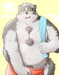  2021 anthro belly blush bodily_fluids bottomwear can_tuna canid canine canis clothing hi_res horkeukamui humanoid_hands kemono male mammal moobs overweight overweight_male shorts solo sweat tokyo_afterschool_summoners tower video_games wolf 