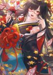  1girl :d absurdres bare_shoulders bibimbub black_hair black_kimono black_shirt branch breasts flower flower_knight_girl glasses hair_flower hair_ornament hair_rings hand_up highres holding japanese_clothes kimono long_hair long_sleeves looking_at_viewer medium_breasts off_shoulder onmyoji open_mouth red-framed_eyewear red_eyes semi-rimless_eyewear shirt shoulder_tattoo sleeveless sleeveless_shirt smile solo spider_lily tassel tattoo under-rim_eyewear wide_sleeves 