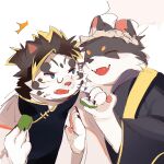  1:1 2021 anthro blue_eyes canid canine canis domestic_dog duo eyes_closed eyewear felid fur glasses hi_res humanoid_hands kemono kurotero licho_(tas) male mammal pantherine simple_background tiger tokyo_afterschool_summoners video_games wanjirou white_background white_body white_fur 
