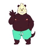  1:1 2021 anthro belly clothing eyes_closed gafreitasart gesture hi_res humanoid_hands lutrine male mammal moobs mustelid nipples overweight overweight_male simple_background solo swimwear waving white_background 