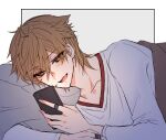  1boy :d bangs blush brown_eyes brown_hair cellphone collarbone earrings eyebrows_visible_through_hair eyes_visible_through_hair fang fushimi_gaku grey_background hair_between_eyes holding holding_phone jewelry long_sleeves looking_at_viewer lying male_focus mole mole_under_eye nijisanji on_side open_mouth phone pillow ring shikino_yuki shirt smile solo stud_earrings two-tone_background under_covers virtual_youtuber white_background white_shirt 