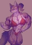  2021 abs anthro biceps big_muscles bikini breasts canid canine canis clothing d.angelo female flexing hair hi_res mammal muscular muscular_female pink_eyes ponytail quads solo swimwear vein wolf 