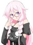  1girl adjusting_eyewear bare_shoulders bespectacled black_shirt blue_eyes cevio choker commentary elbow_cutout glasses hair_flaps highres ia_(vocaloid) long_hair looking_at_viewer pink-framed_eyewear pink_hair sena_kizahashi shirt smile solo spaghetti_strap upper_body very_long_hair vocaloid white_background 