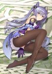  1girl bangs bare_shoulders blush breasts brown_legwear dress eyebrows_visible_through_hair frilled_gloves frills genshin_impact gloves hair_ornament keqing_(genshin_impact) legs long_hair looking_at_viewer lying medium_breasts on_side pantyhose parted_lips purple_dress purple_eyes purple_gloves purple_hair scan shiny shiny_clothes shiny_hair short_dress simple_background sleeveless tied_hair tony_taka twintails white_background 