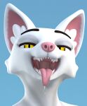  3d_(artwork) anthro arctic_fox bodily_fluids canid canine delbi3d digital_media_(artwork) dripping fangs fox fur looking_at_viewer male mammal mouth_shot open_mouth pink_nose presenting_mouth pupils saliva saliva_drip saliva_string simple_background slit_pupils solo standing throat tongue tongue_out white_body white_fur yellow_eyes 