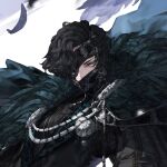  1boy black_eyepatch black_feathers black_hair cropped eyepatch falling_feathers feather_trim feathers frills gem grey_eyes male_focus mask mouth_mask original puhaaang solo 