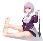  1girl barefoot black_legwear black_skirt breasts eyebrows_visible_through_hair feet feet_together holding holding_knife jacket knife kotohane large_breasts long_sleeves looking_at_viewer open_clothes open_jacket open_mouth pink_eyes pink_hair pink_neckwear purple_jacket shinjou_akane shirt short_hair skirt ssss.gridman torn_clothes torn_legwear unzipped upper_teeth white_background white_shirt 